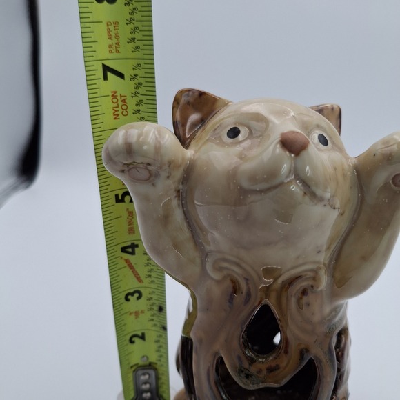 MCM Ceramic Cat Figurine Collectible Artist Handmade 7" Tall Brown Hollow Beging - Picture 9 of 10
